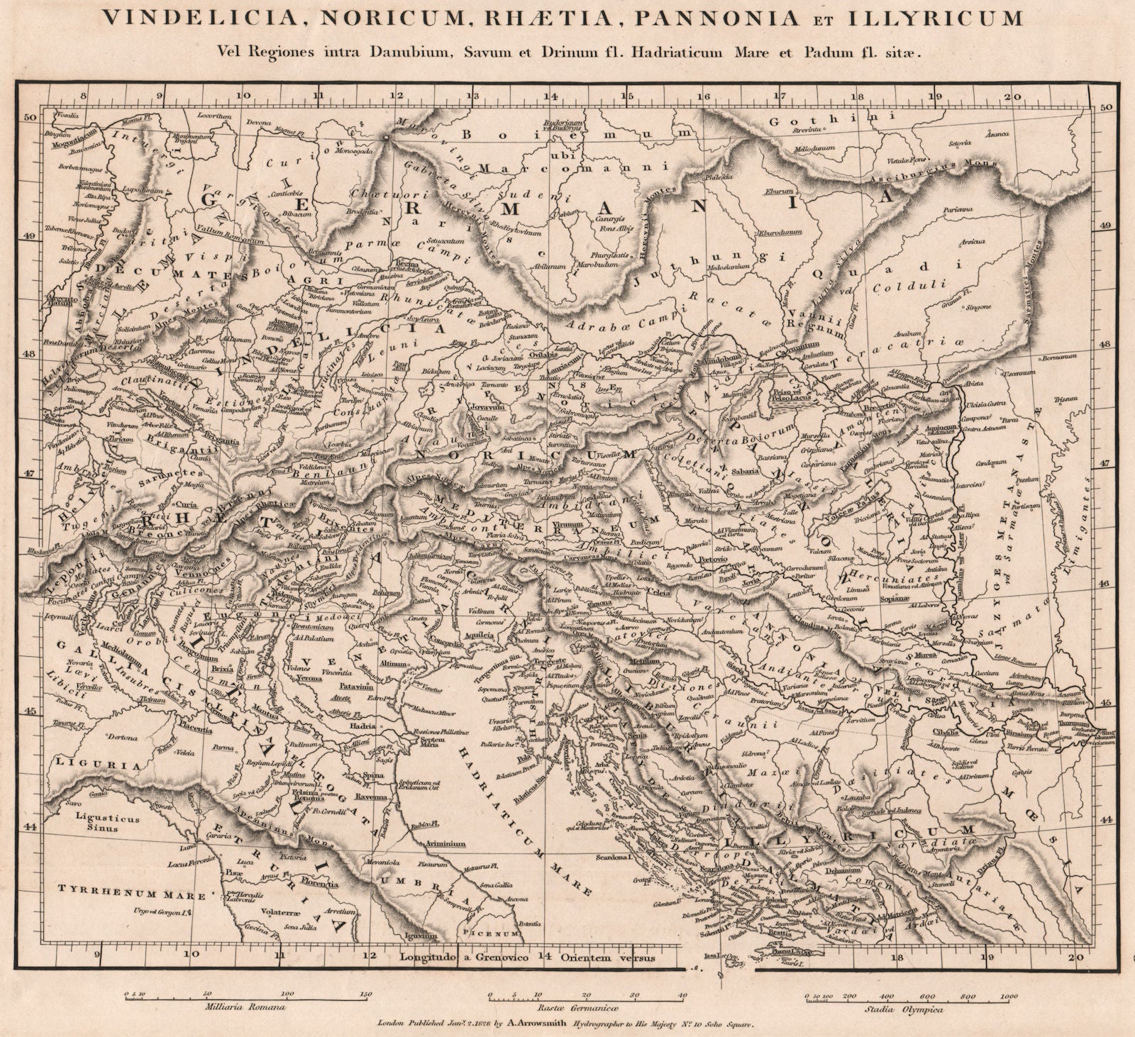 CENTRAL EUROPE ANCIENT. Vindelicia Noricum Rhaetia Pannonia. ARROWSMITH 1828 map